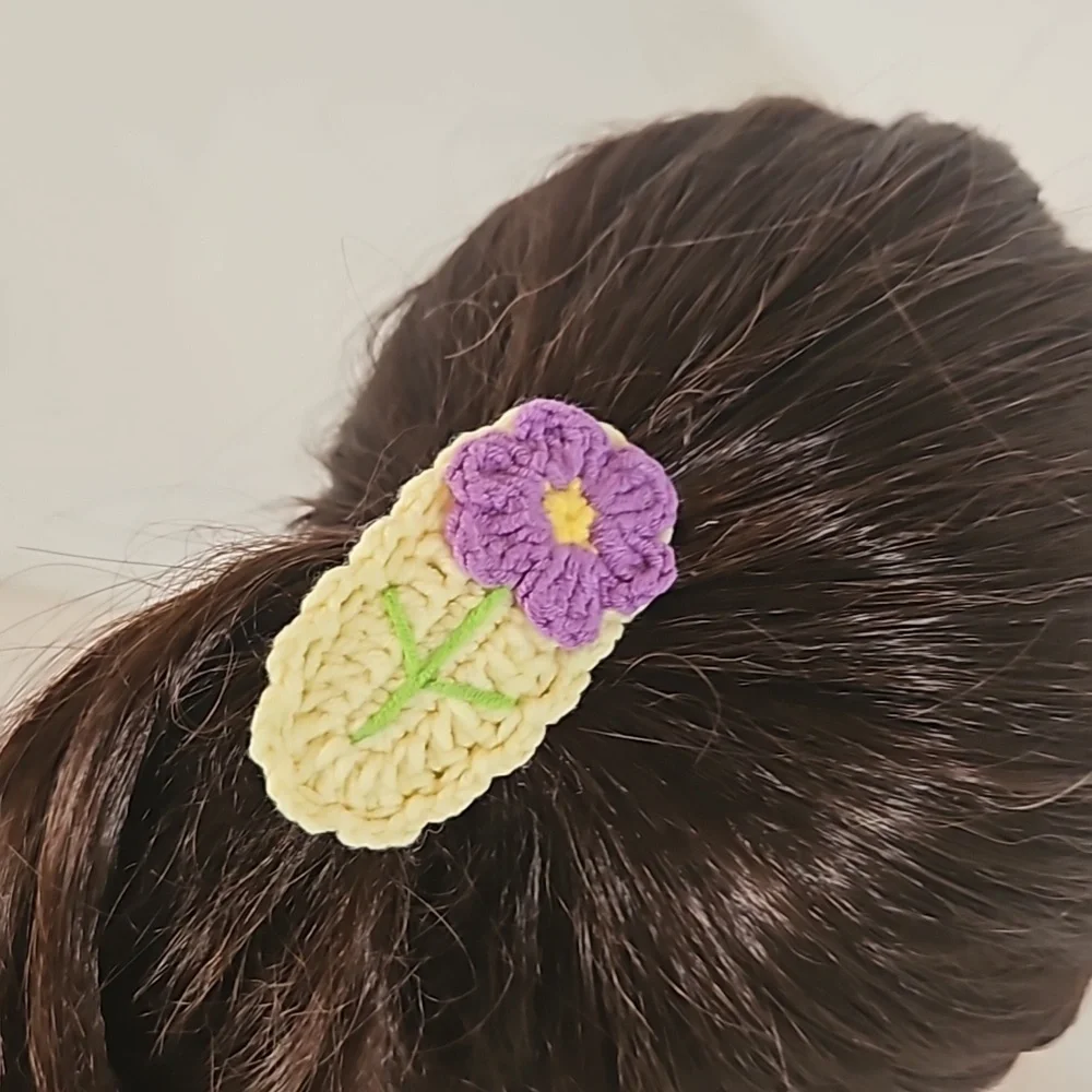 Hand Knit Crochet Hair Clip Handmade Purple Botanical
